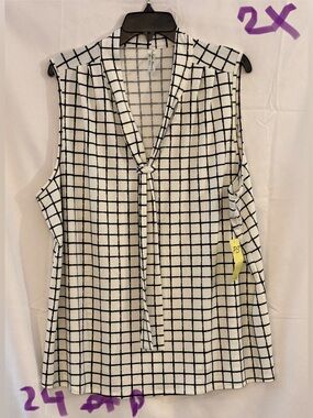 Perseption White & Black Windowpane Tie-Neck Sleeveless Blouse